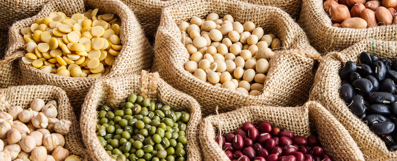 Vielfältige Hülsenfrüchte in Jutesäcken, darunter Erbsen, Bohnen und Linsen, symbolisieren modernes Superfood und Tradition.