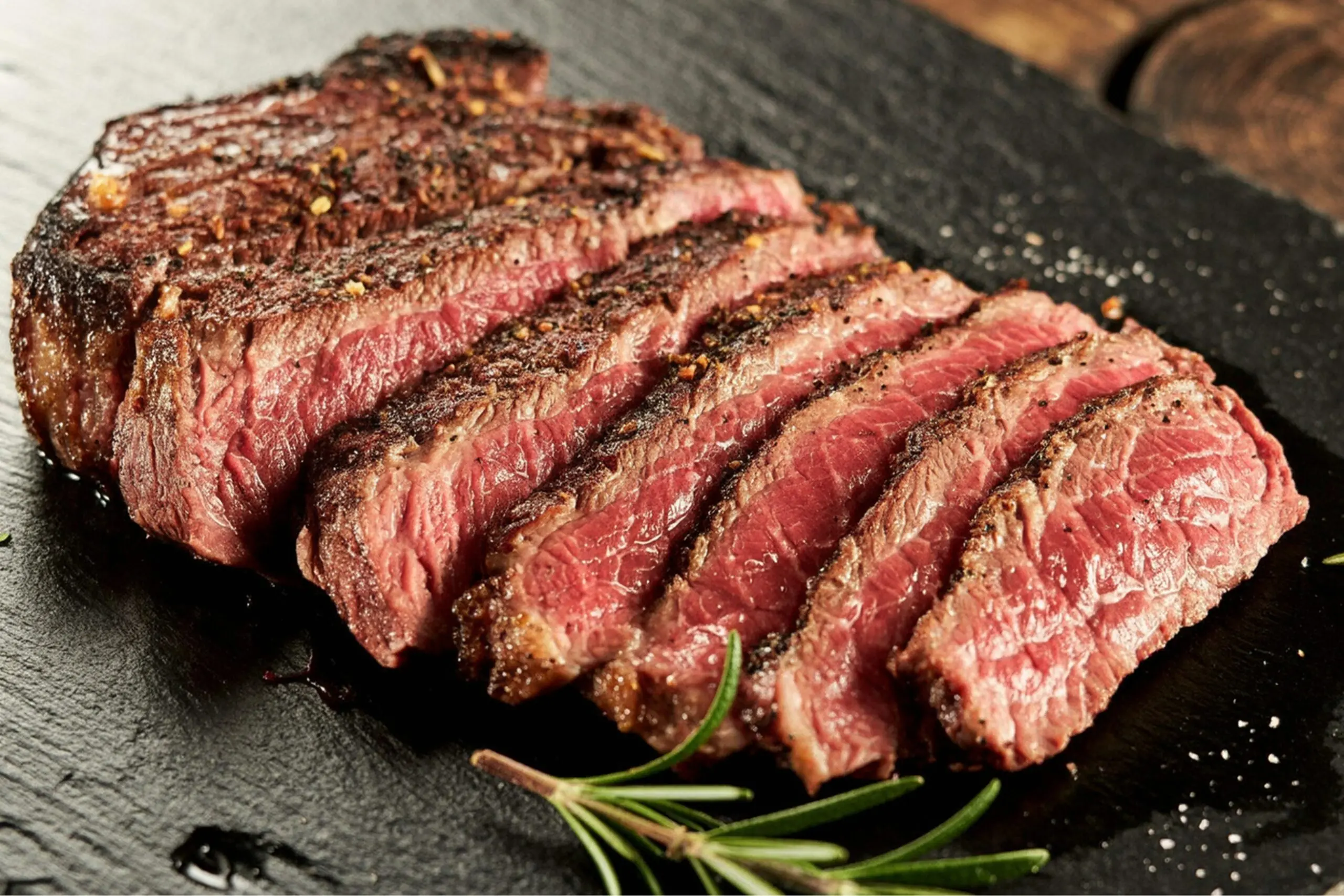 Rindersteak medium rare, aufgeschnitten auf einem Holzbrett