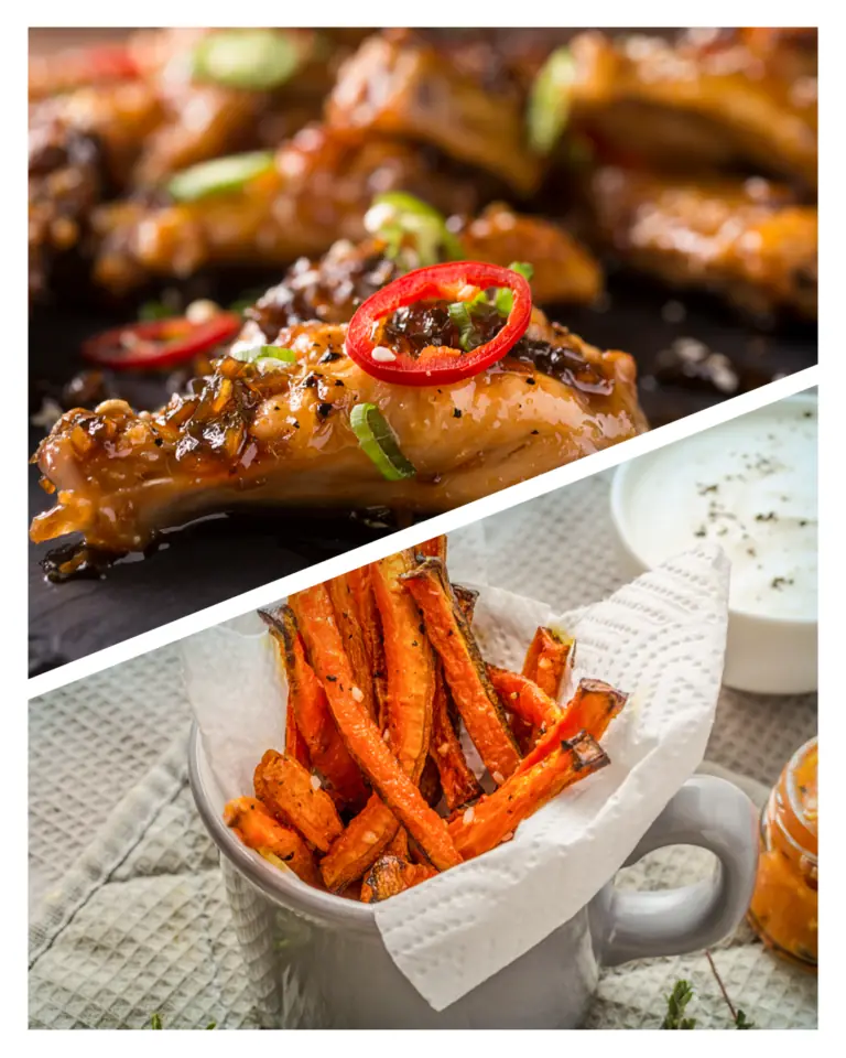 Saftige Chicken Wings mit Chili und Frühlingszwiebeln, serviert mit knusprigen Karotten-Pommes und Dip.