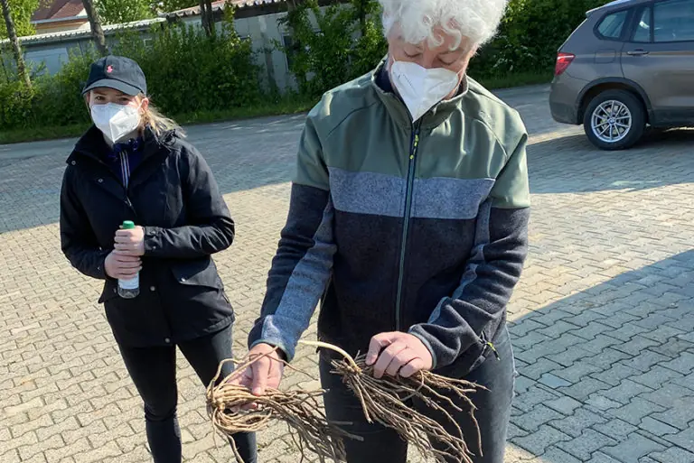 Zwei Personen im Freien, eine hält Wurzeln, während die andere mit einer Flasche Wasser beobachtet.