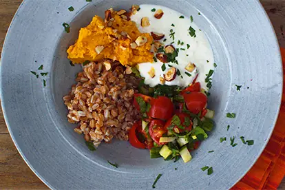 Zucchini-Schiffchen mit Quinoa, Sauerrahm-Dip, Dinkelnudeln und frischem Gemüse auf einem grauen Teller.