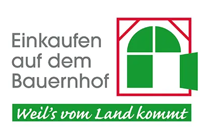 Logo für Hofladen-Suche mit Slogan "Einkaufen auf dem Bauernhof – Weil's vom Land kommt" zur Förderung von Hofladen in der Nähe.