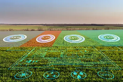Grafik zur teilflächenspezifischen Düngung mit Prozentzahlen und einem digitalisierten Feldplan auf grünem Ackerland.