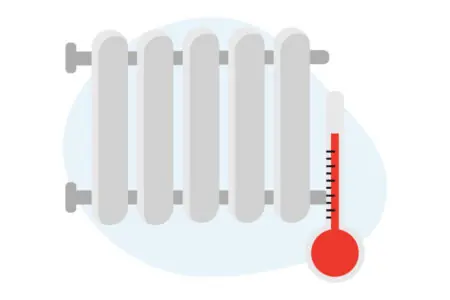 Heizkörper mit Thermometer, das die Temperatur misst, symbolisiert die Nutzung von Biogas zur Wärmeproduktion.