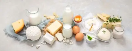 Milchprodukte auf hellem Untergrund: Milchkrug, Milchflasche, Butter, Käse, Quark, Eier und Joghurt