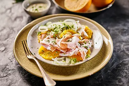 Zarte Putenbrust in Citrus-Style, serviert mit Orangen, Zwiebeln und Kräutern auf einem eleganten Teller.