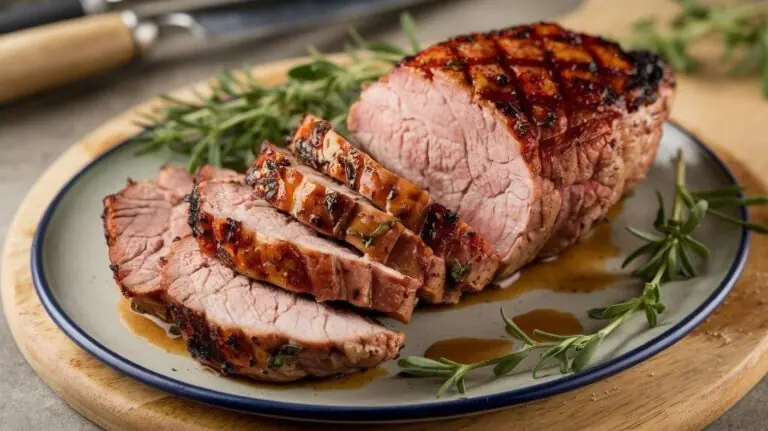 Aufgeschnittener Schweinebraten mit knuspriger, karamellisierter Kruste, garniert mit frischem Rosmarin auf einem Holzbrett