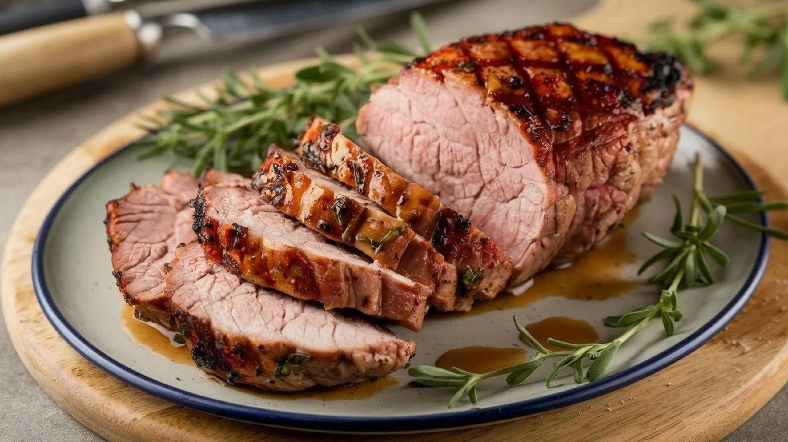 Aufgeschnittener Schweinebraten mit knuspriger, karamellisierter Kruste, garniert mit frischem Rosmarin auf einem Holzbrett